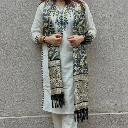 Khadi Cotton Embroidered 3-Piece Suit Set