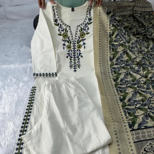 Khadi Cotton Embroidered 3-Piece Suit Set