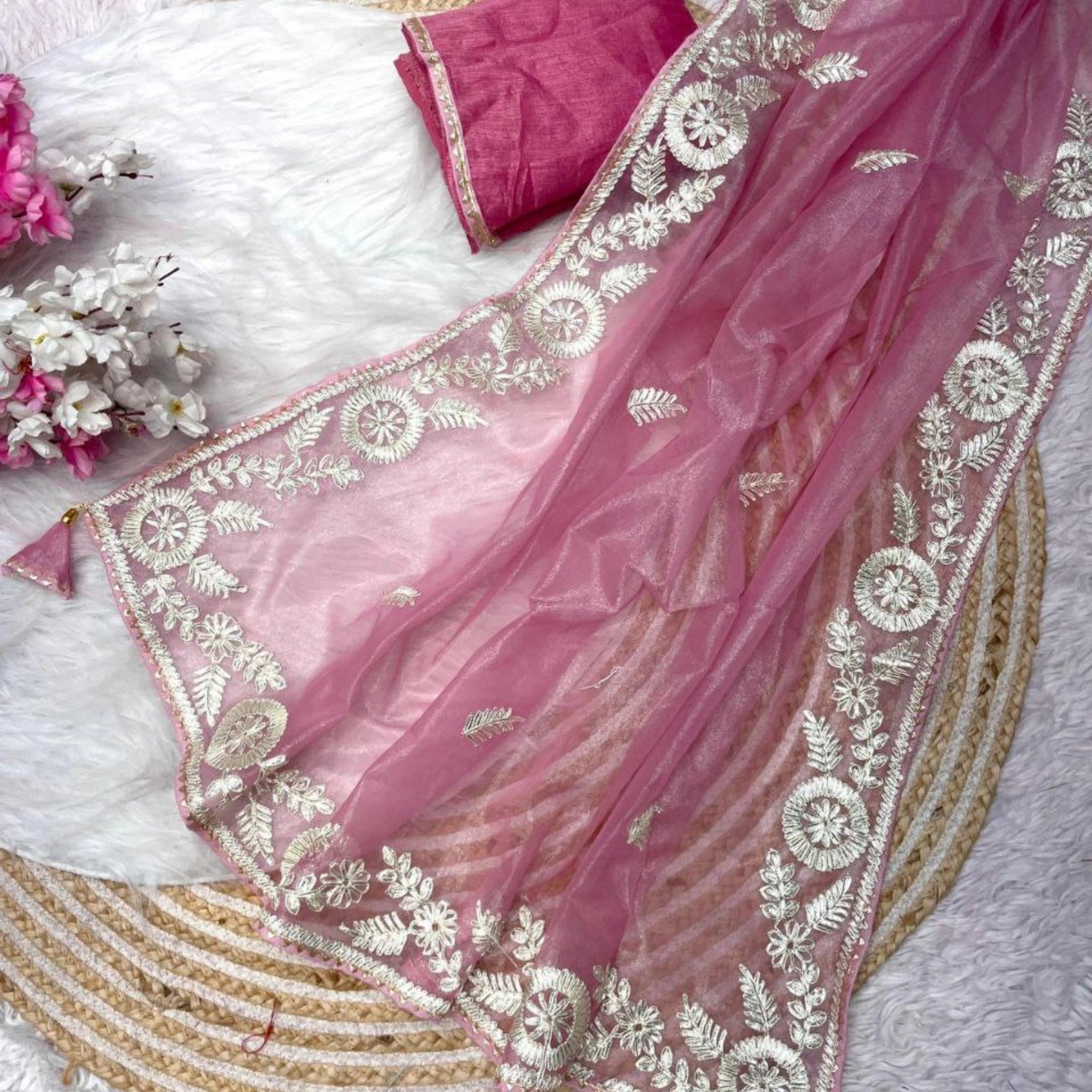 Soft Twill Net Saree with Embellished Pallu & Mono Banglori Blouse