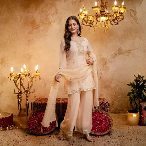 Heavy Crunchy Silk Embroidered Short Suit Set