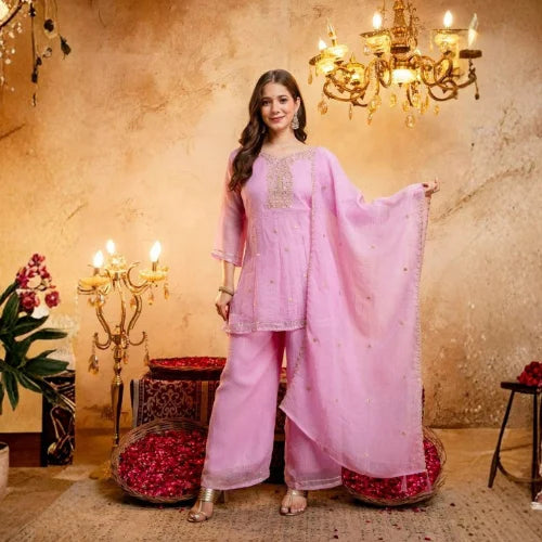 Heavy Crunchy Silk Embroidered Short Suit Set