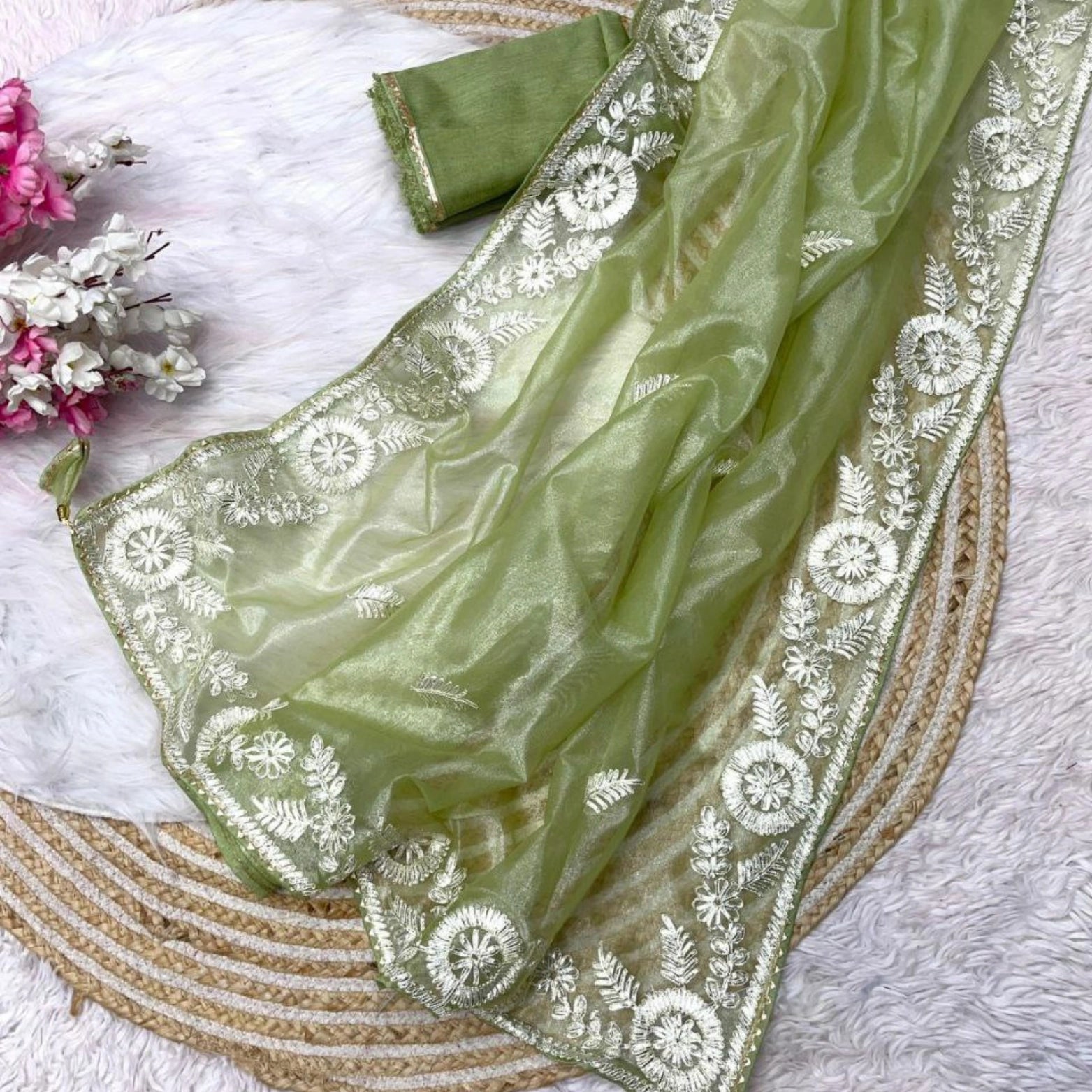 Soft Twill Net Saree with Embellished Pallu & Mono Banglori Blouse