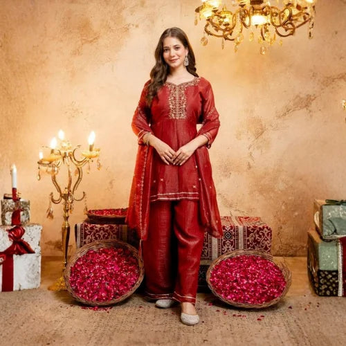 Heavy Crunchy Silk Embroidered Short Suit Set