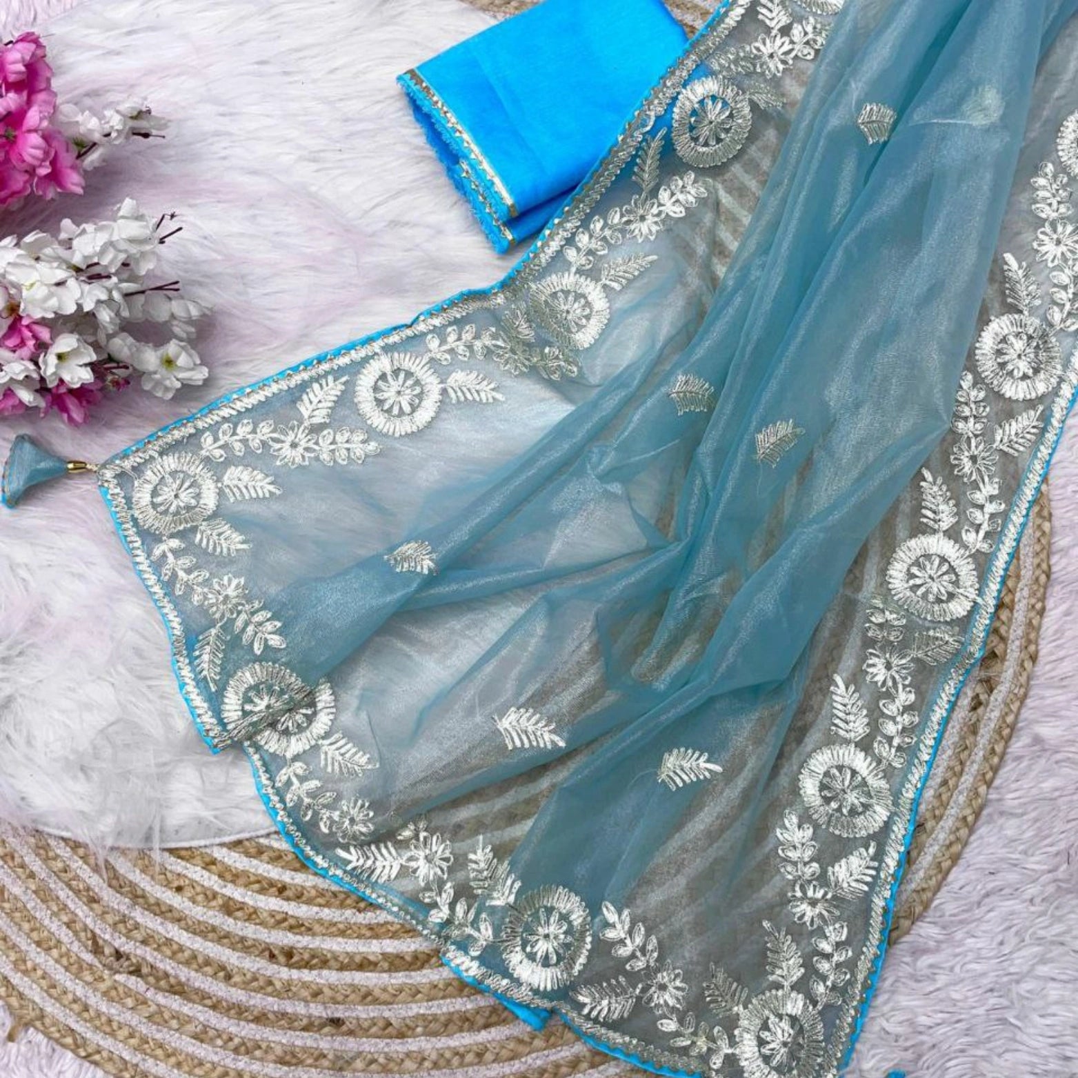 Soft Twill Net Saree with Embellished Pallu & Mono Banglori Blouse
