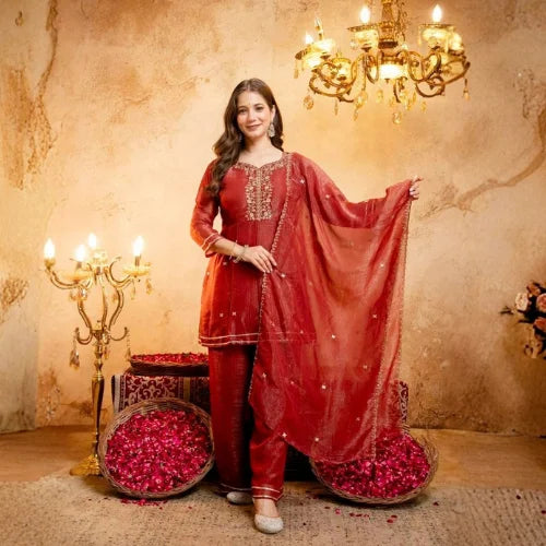 Heavy Crunchy Silk Embroidered Short Suit Set