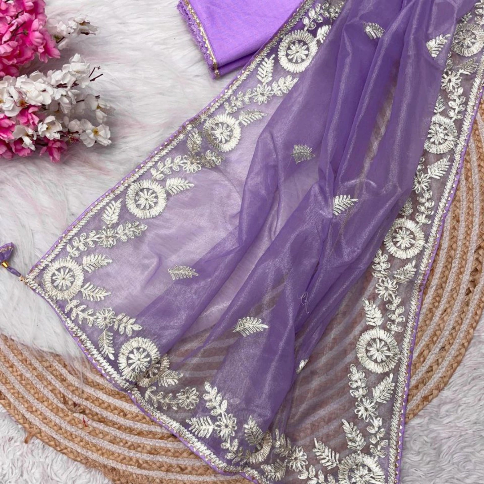 Soft Twill Net Saree with Embellished Pallu & Mono Banglori Blouse