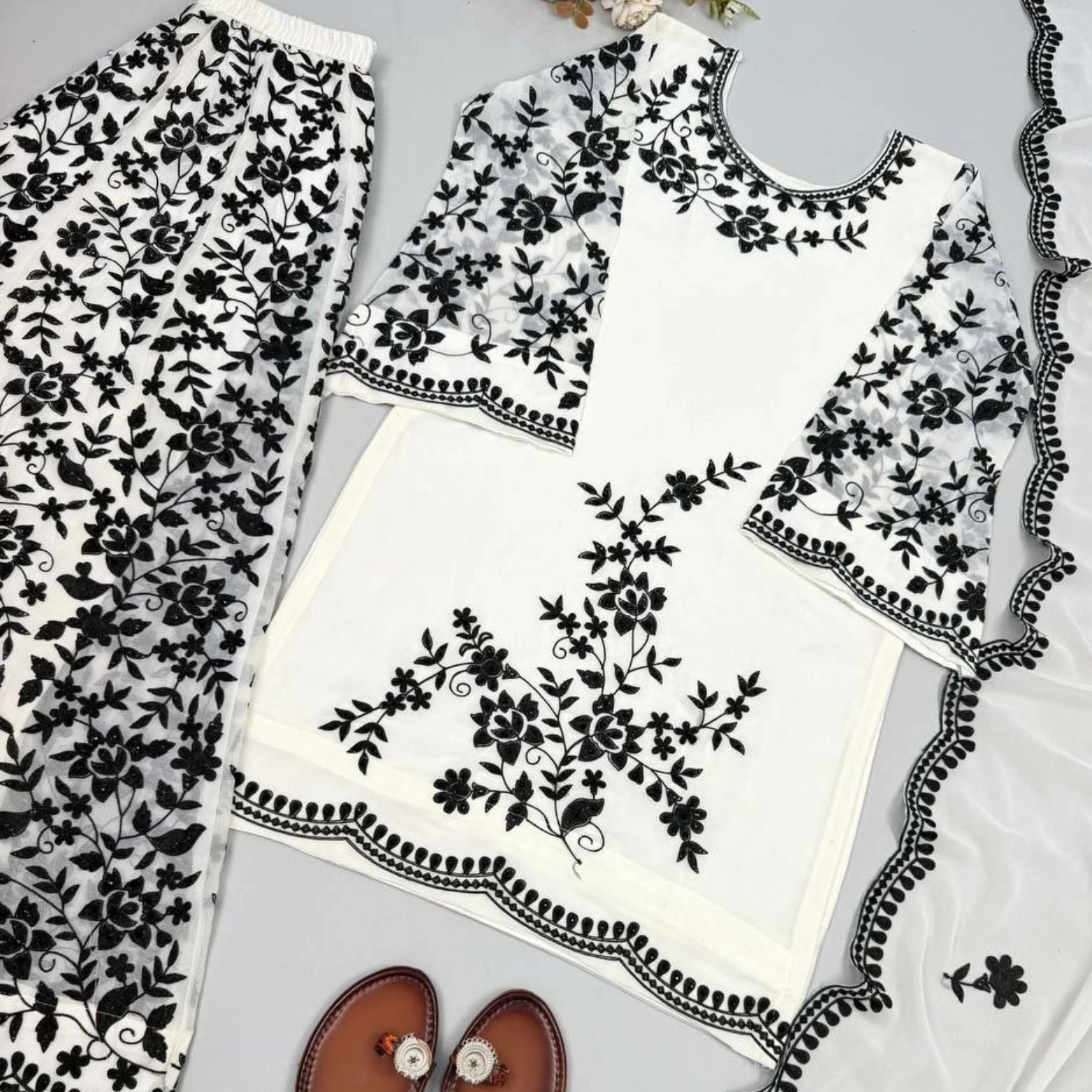 Ivory Embroidered Faux Georgette Sharara Set