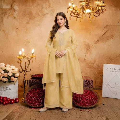 Heavy Crunchy Silk Embroidered Short Suit Set