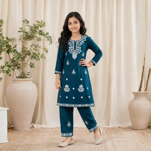 Embroidered Slub Cotton Kurta Pant Set for Girls