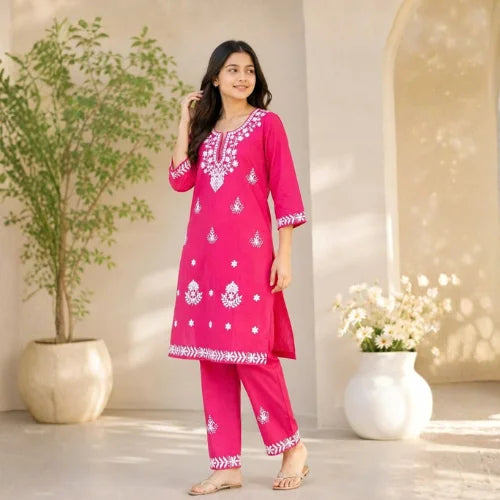 Embroidered Slub Cotton Kurta Pant Set for Girls
