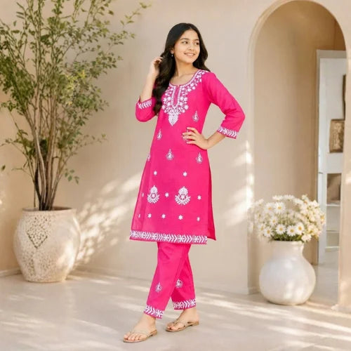 Embroidered Slub Cotton Kurta Pant Set for Girls