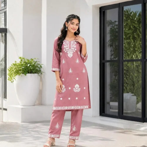 Embroidered Slub Cotton Kurta Pant Set for Girls