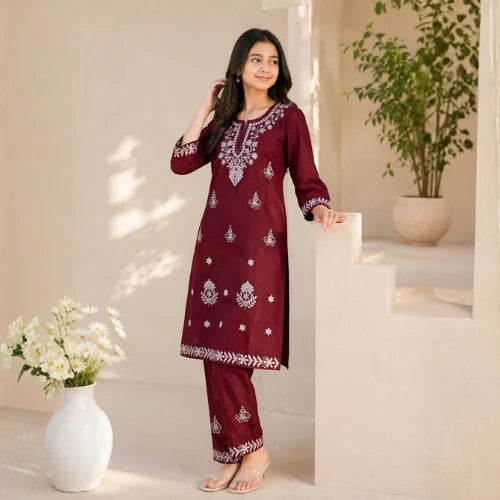 Embroidered Slub Cotton Kurta Pant Set for Girls