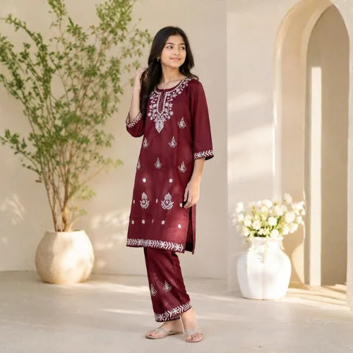 Embroidered Slub Cotton Kurta Pant Set for Girls
