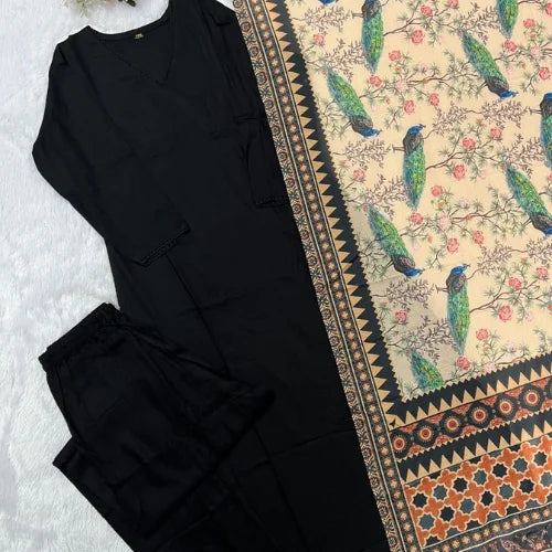 Rayon Kurti Pant Set with Printed Mul Cotton Dupatta