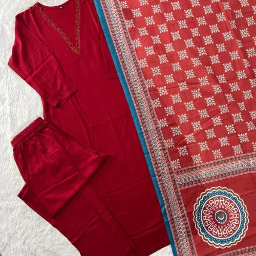 Rayon Kurti Pant Set with Printed Mul Cotton Dupatta