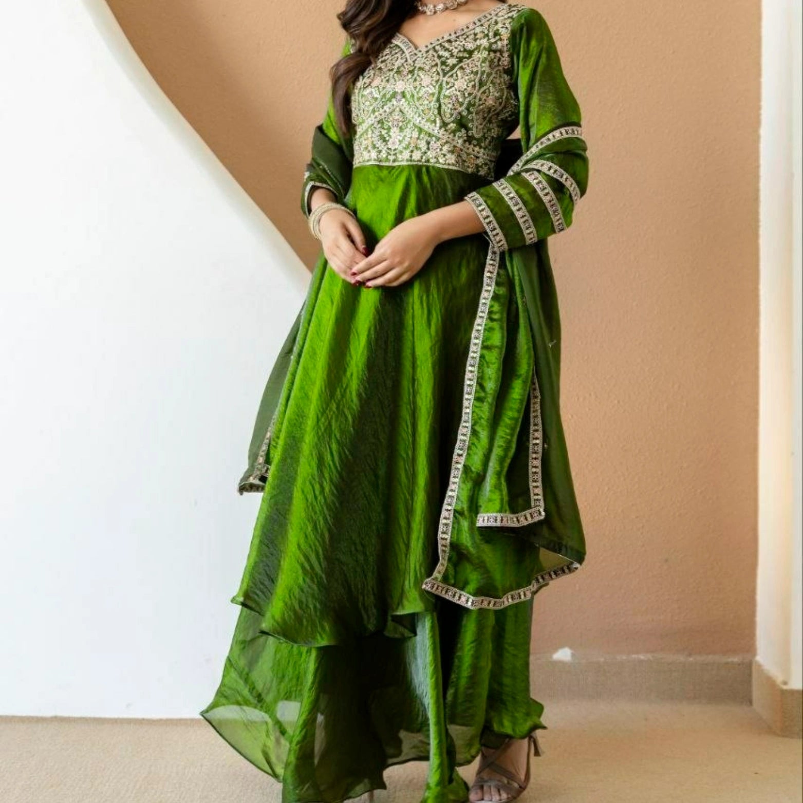 Meher Fendi Silk Embroidered Gown Set