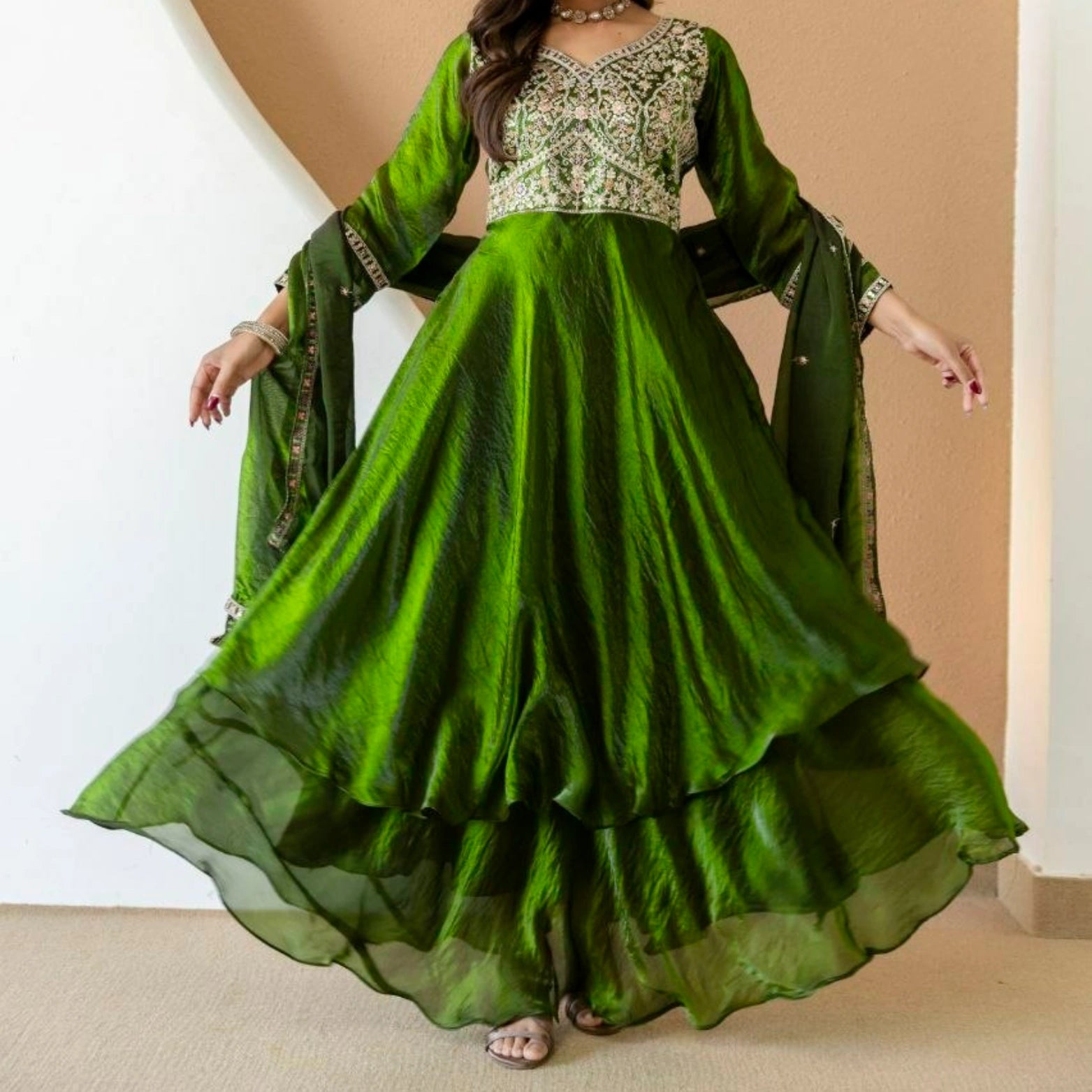 Meher Fendi Silk Embroidered Gown Set