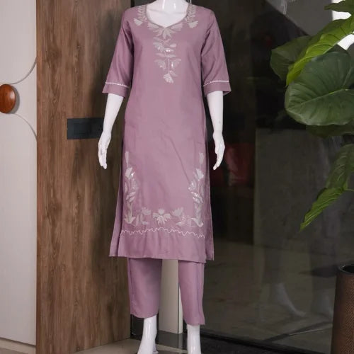 Premium Slub Cotton Embroidered Kurti Pant Set