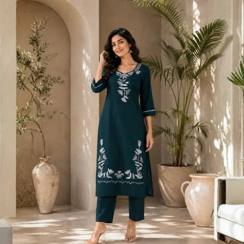 Premium Slub Cotton Embroidered Kurti Pant Set
