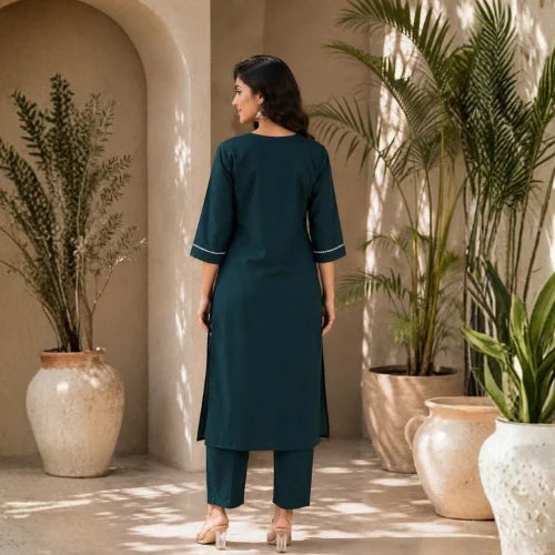 Premium Slub Cotton Embroidered Kurti Pant Set