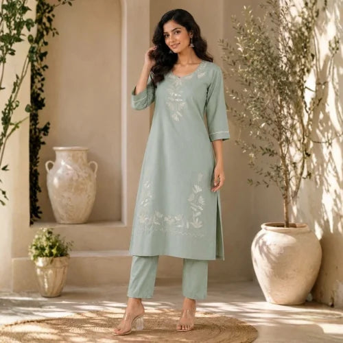 Premium Slub Cotton Embroidered Kurti Pant Set
