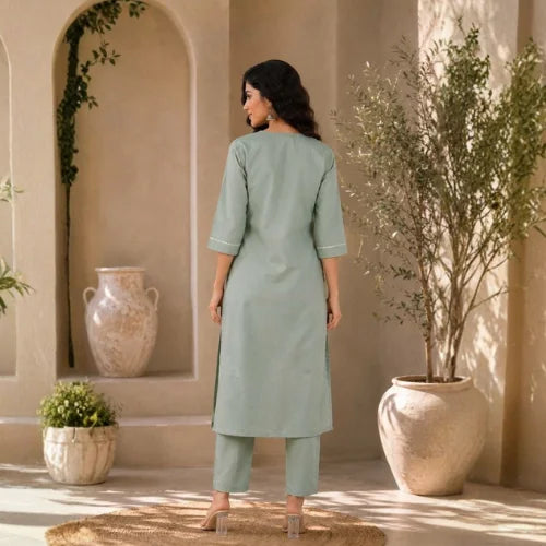 Premium Slub Cotton Embroidered Kurti Pant Set