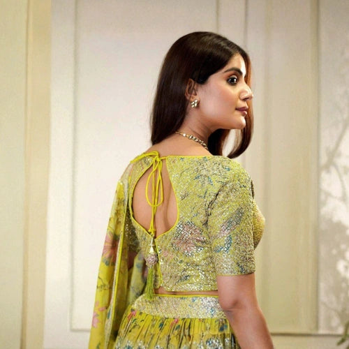 Yellow Organza Semi-Stitched Lehenga Set
