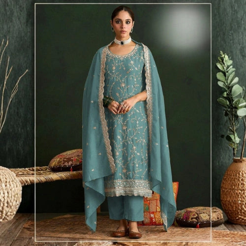 Heavy Vichitra Sequined Embroidery Anarkali Suit Set