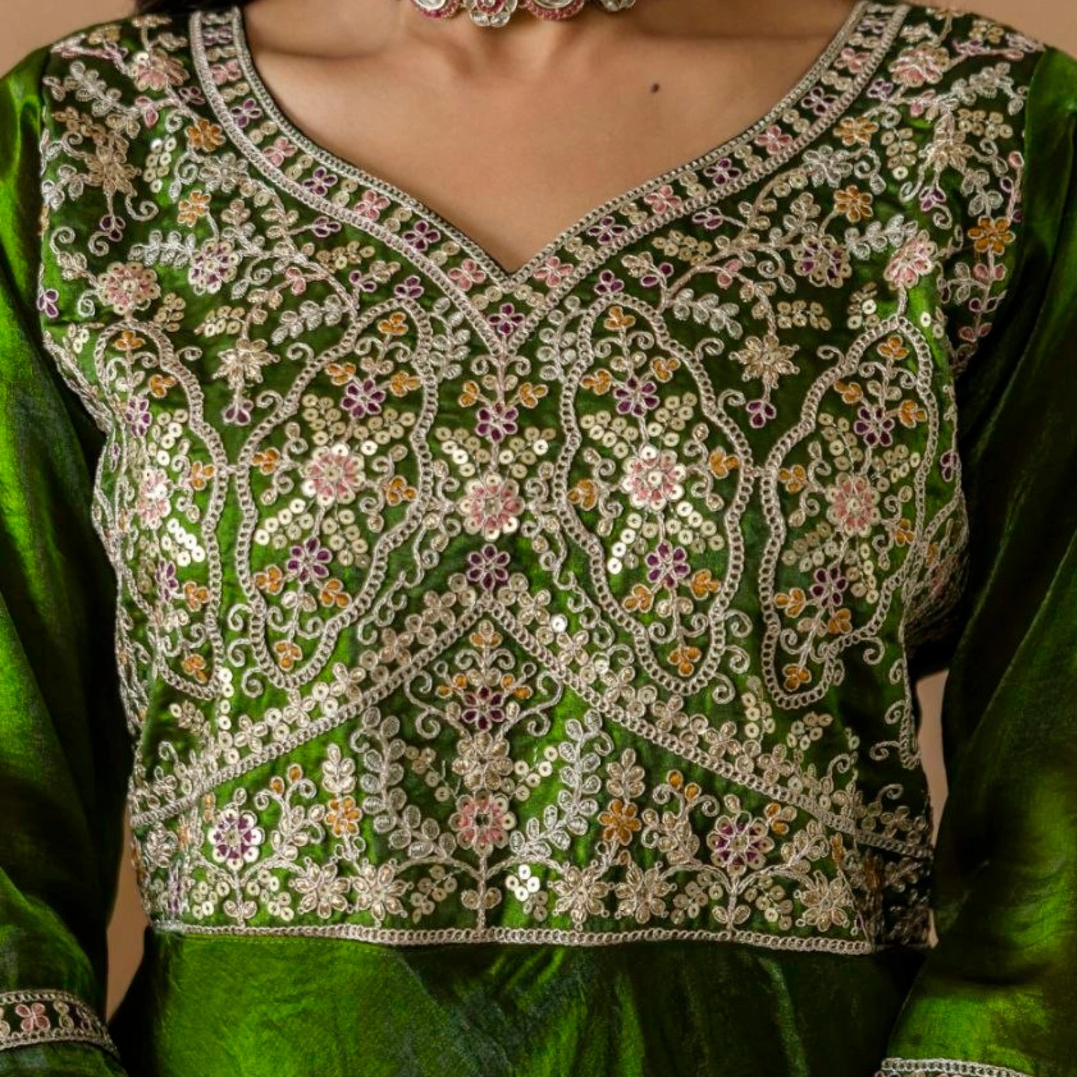 Meher Fendi Silk Embroidered Gown Set