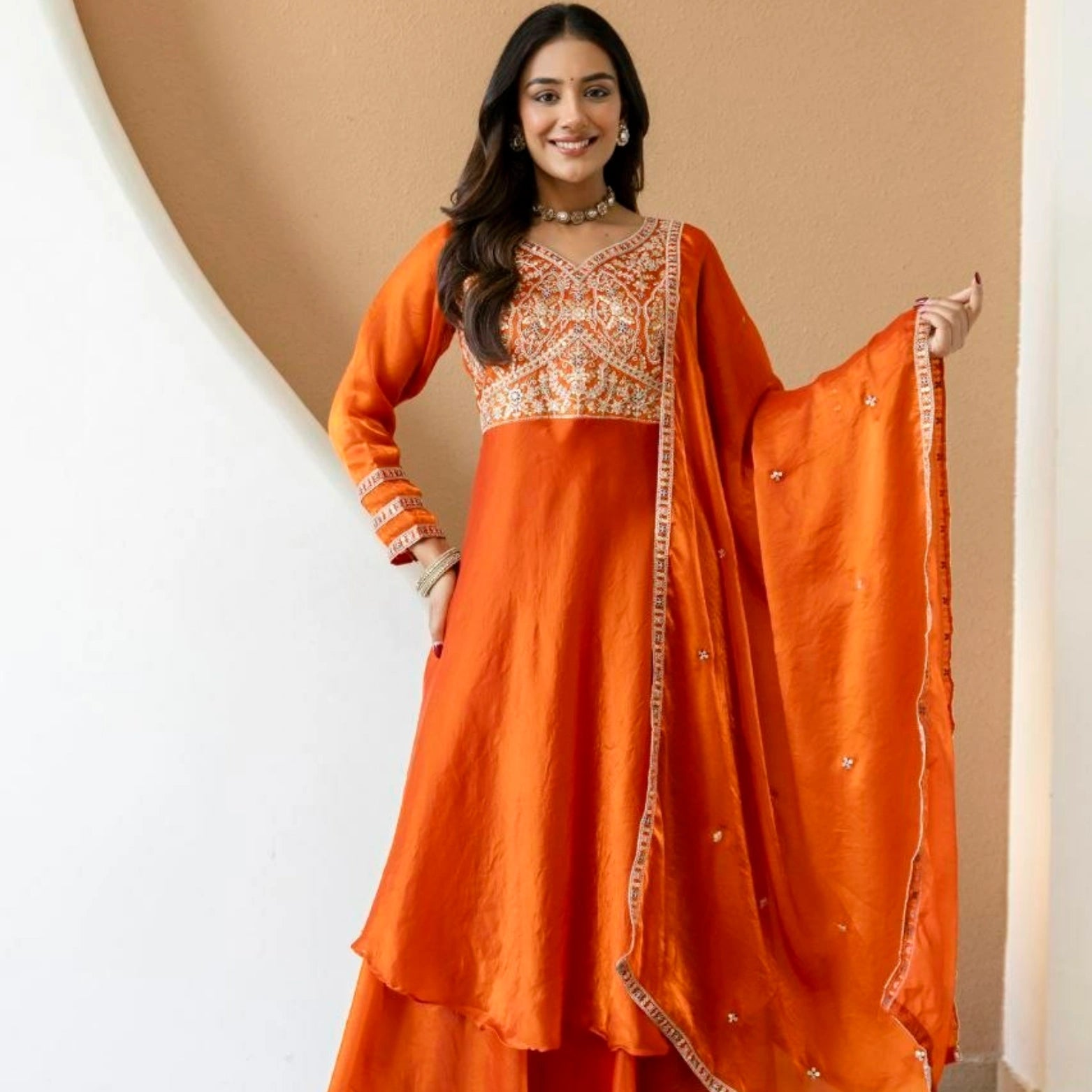 Meher Fendi Silk Embroidered Gown Set
