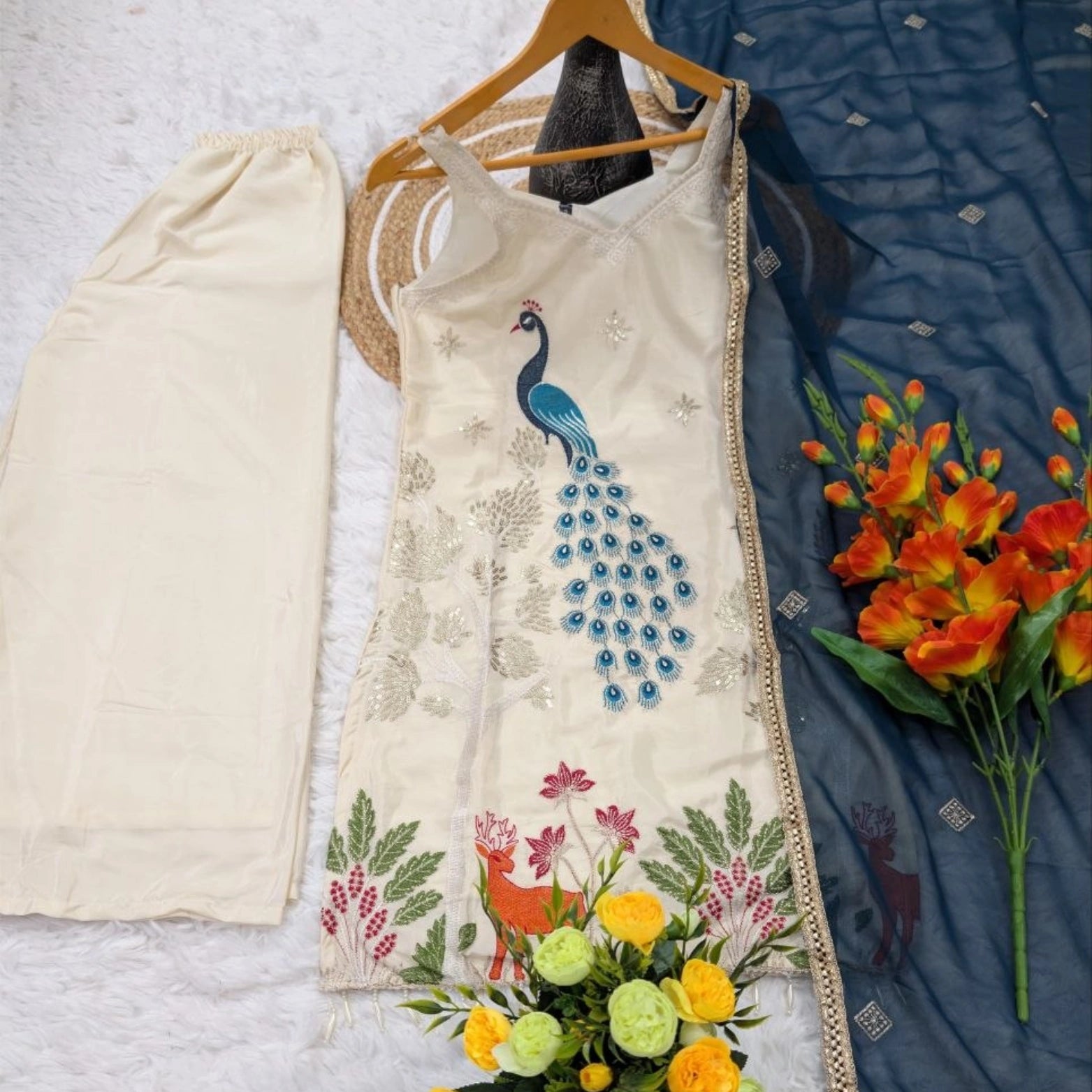 Morlo 2 French Crepe Embroidered Kurta Set with Georgette Dupatta