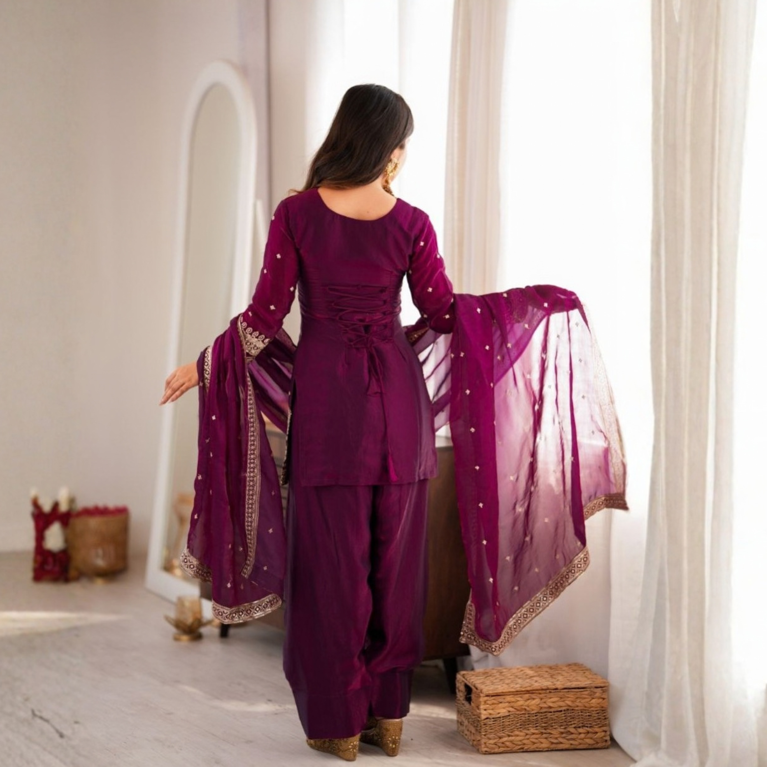 Seher Wine Fendi Silk Farshi Suit Set