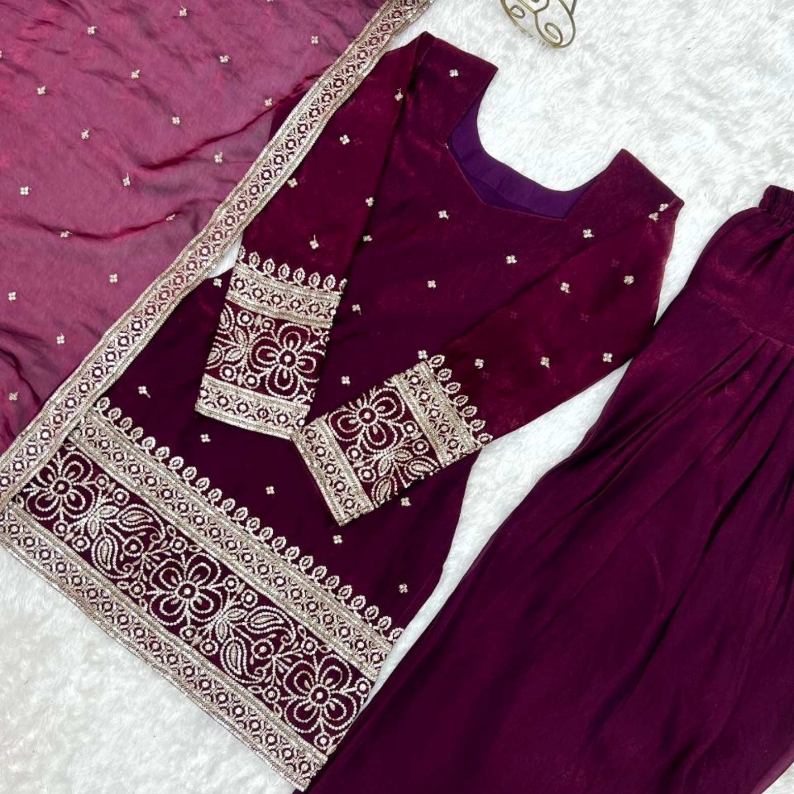 Seher Wine Fendi Silk Farshi Suit Set