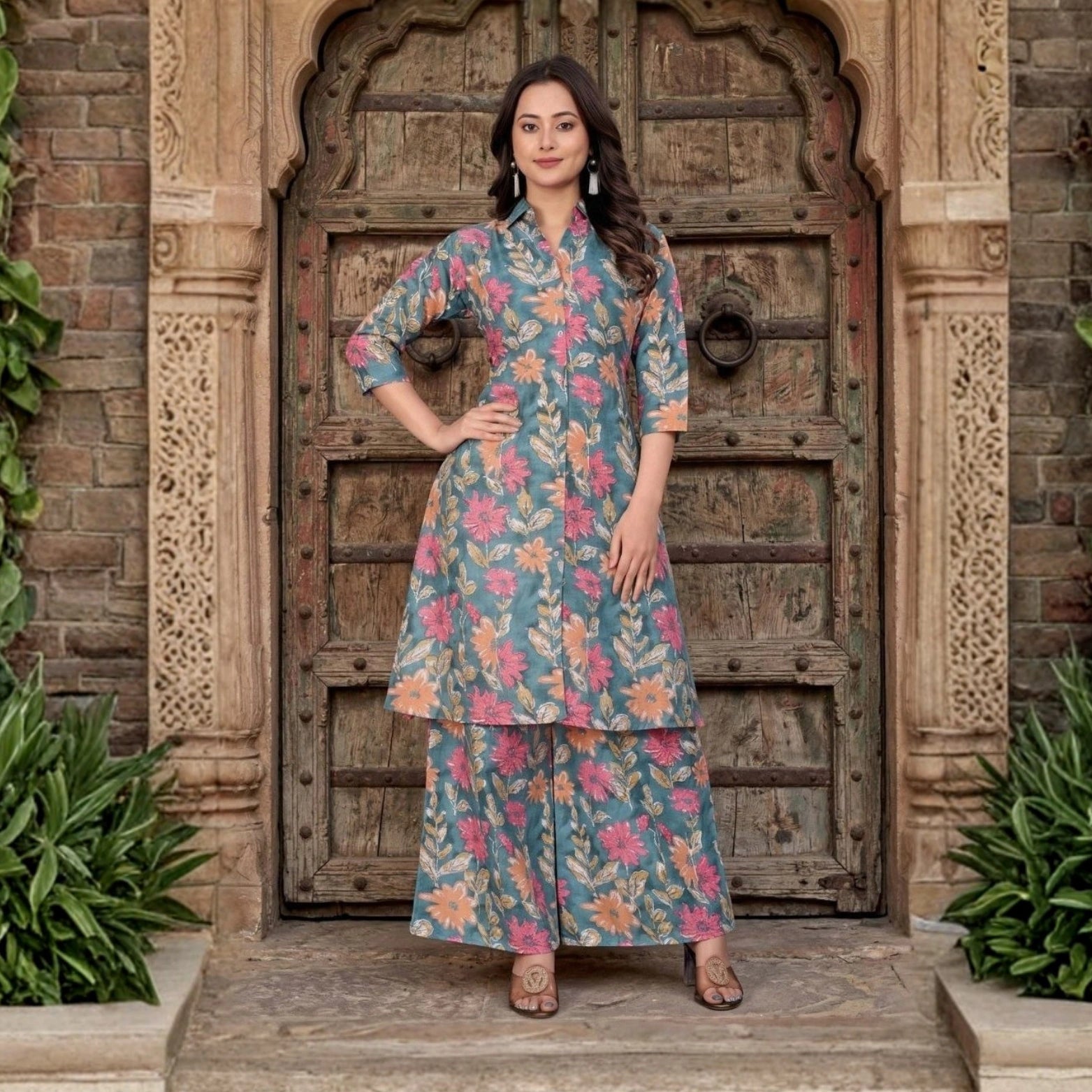 Printed Cambric Cotton Kurta & Palazzo Set