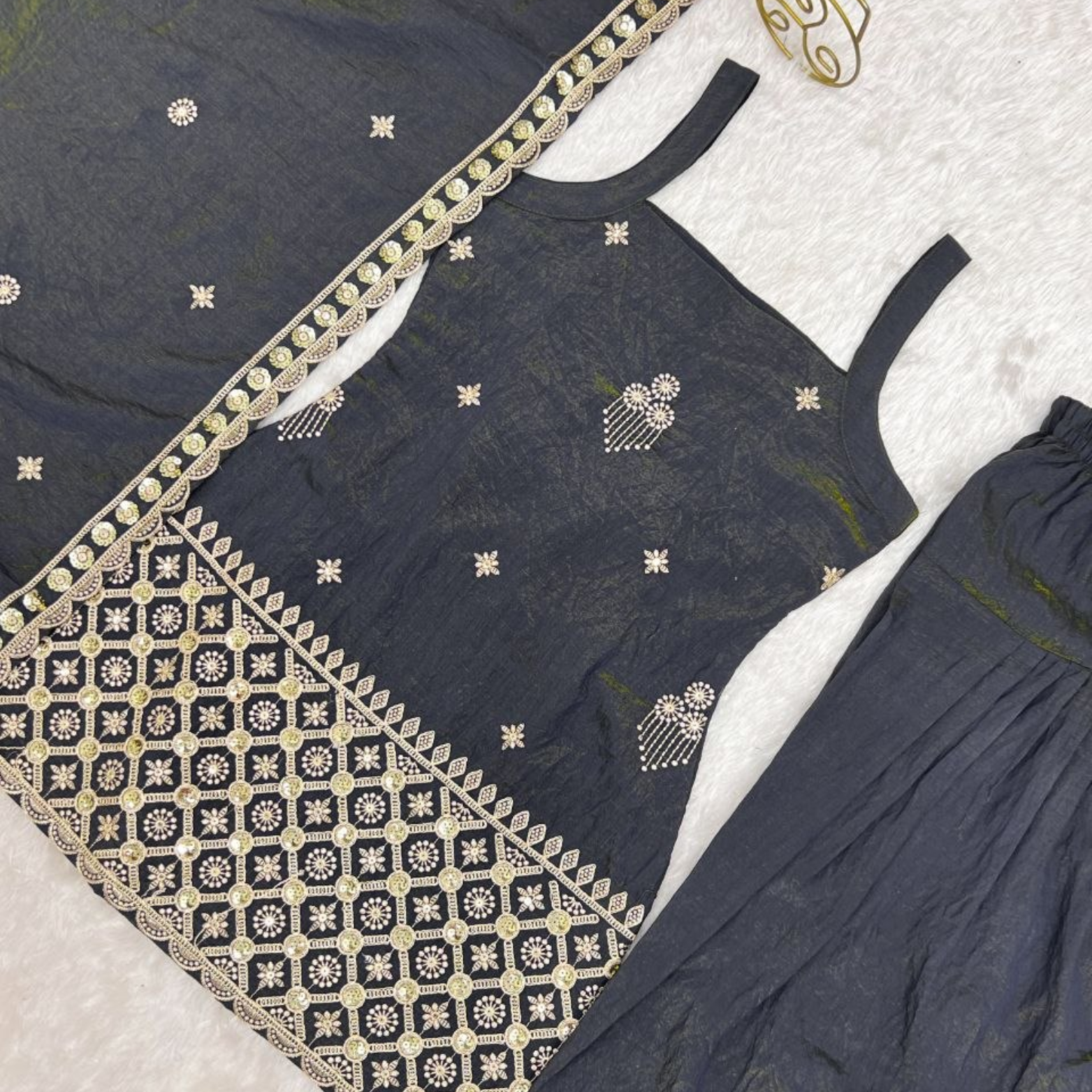 Zarika Charcoal Grey Vichitra Silk Farshi Suit Set