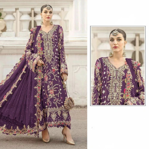 Chiffon Embroidered Suit Set with Khatli Neck Work