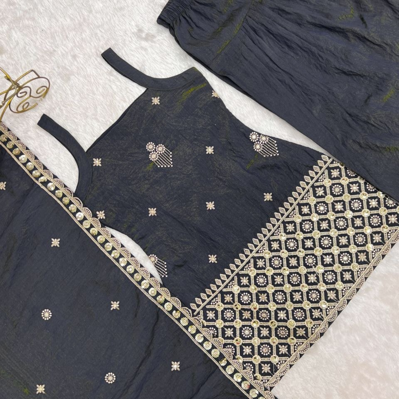 Zarika Charcoal Grey Vichitra Silk Farshi Suit Set