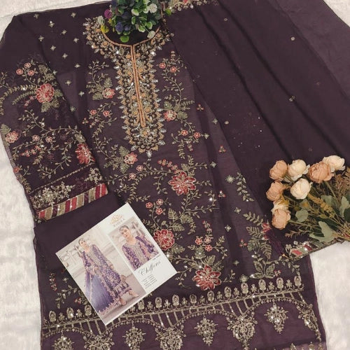 Chiffon Embroidered Suit Set with Khatli Neck Work