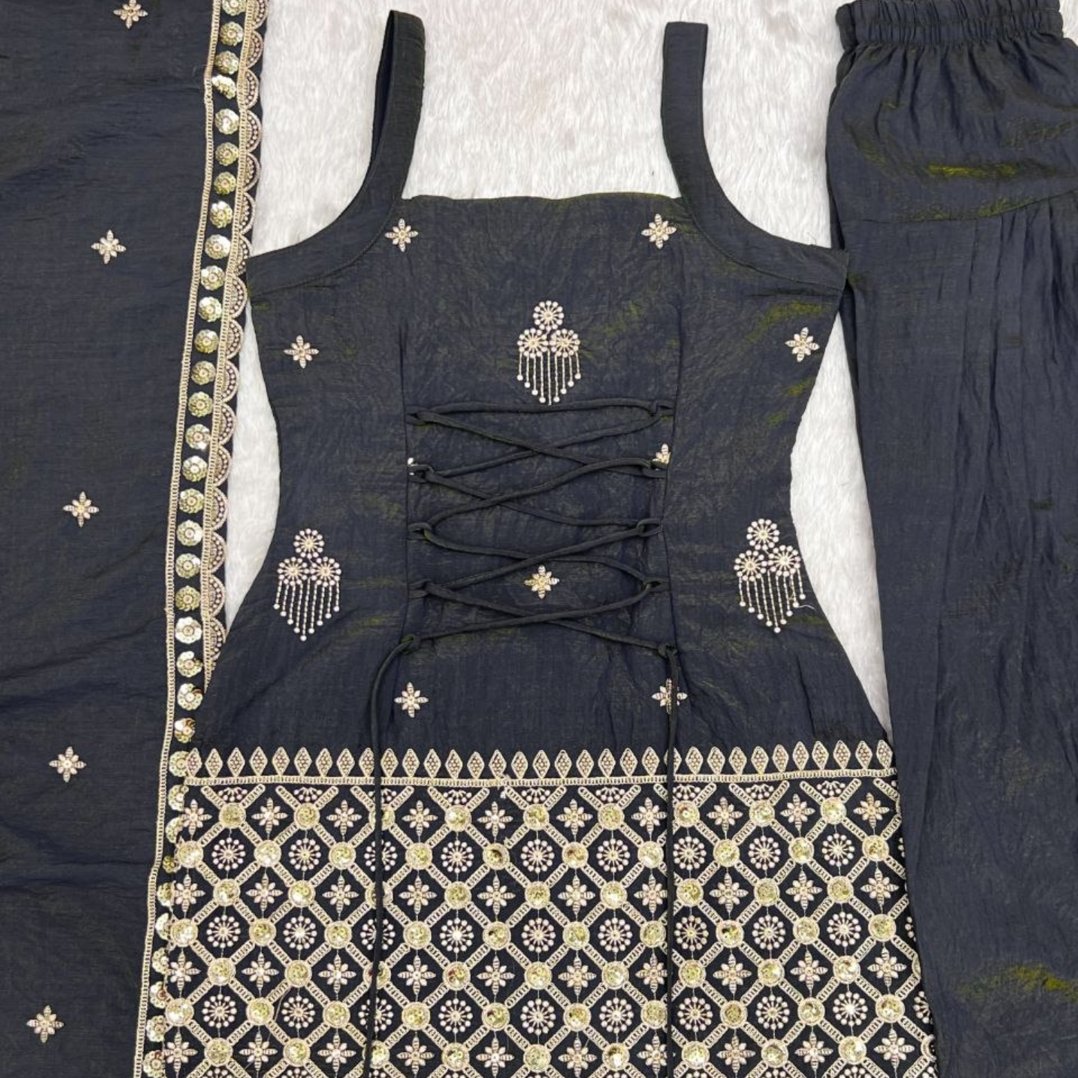 Zarika Charcoal Grey Vichitra Silk Farshi Suit Set