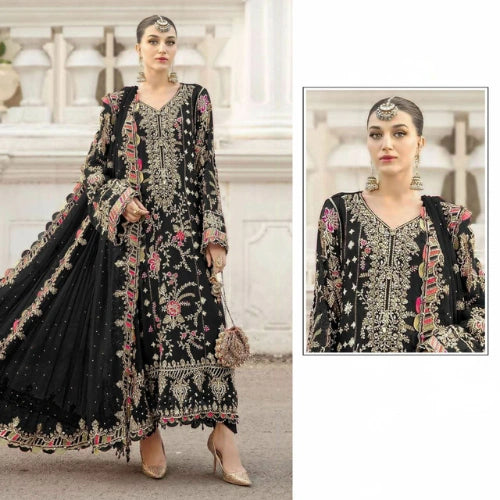 Chiffon Embroidered Suit Set with Khatli Neck Work