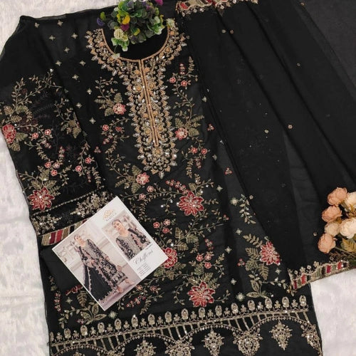 Chiffon Embroidered Suit Set with Khatli Neck Work