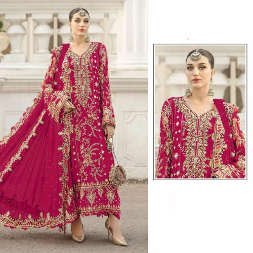 Chiffon Embroidered Suit Set with Khatli Neck Work