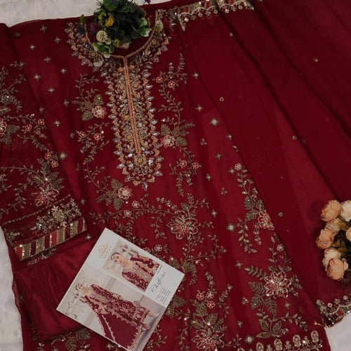 Chiffon Embroidered Suit Set with Khatli Neck Work