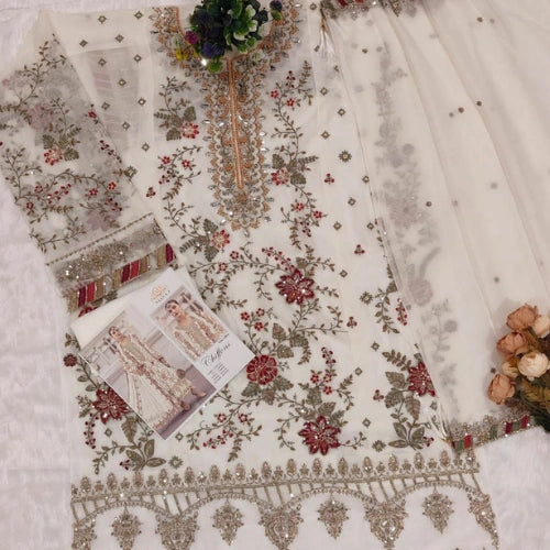 Chiffon Embroidered Suit Set with Khatli Neck Work