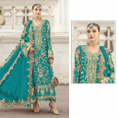 Chiffon Embroidered Suit Set with Khatli Neck Work