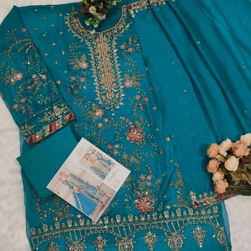 Chiffon Embroidered Suit Set with Khatli Neck Work