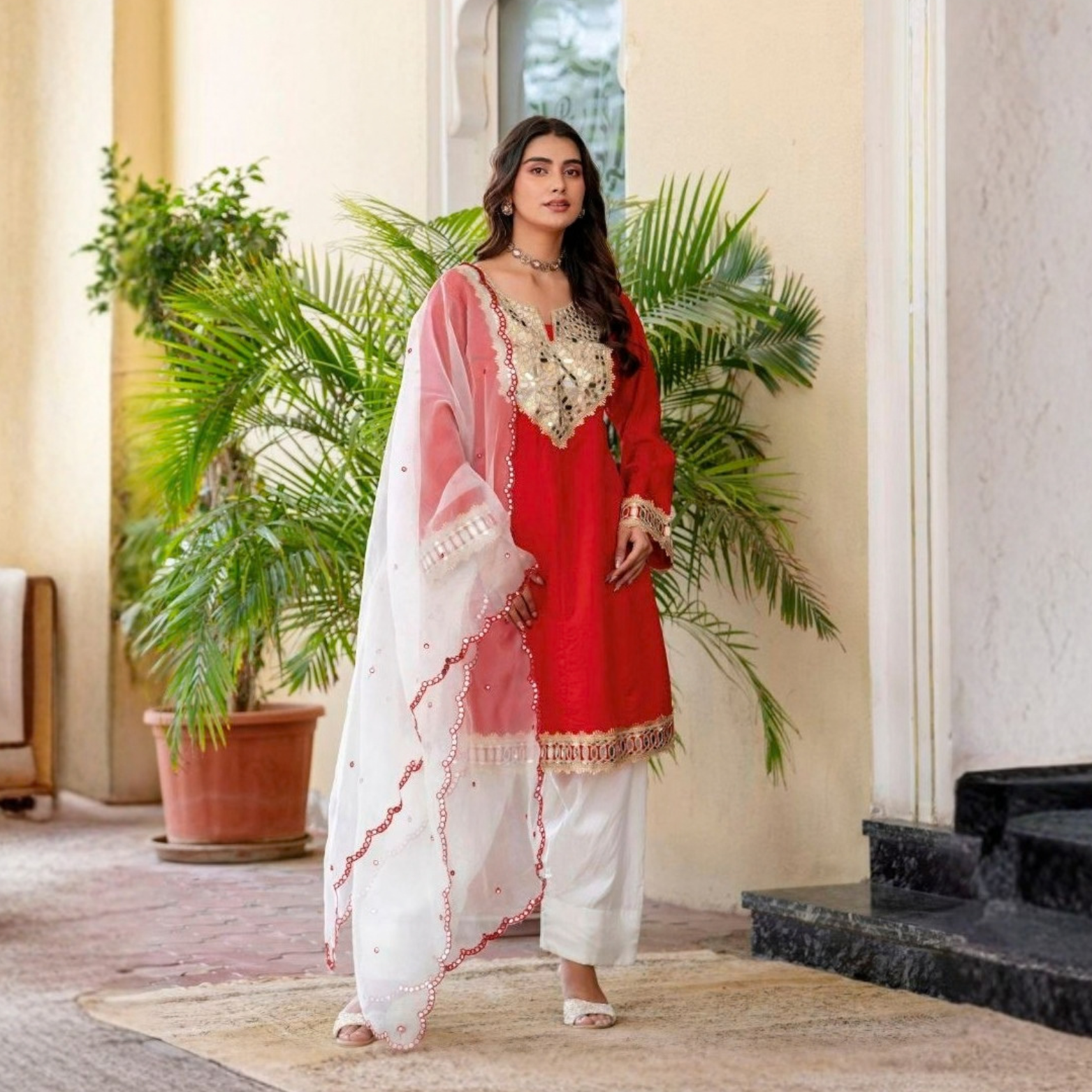 Aarohi Red Silk Sindoor Mirror Work Suit Set