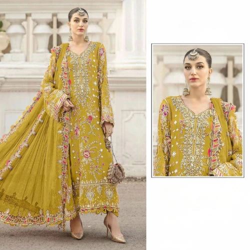 Chiffon Embroidered Suit Set with Khatli Neck Work