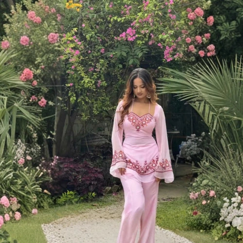 Rosette Embroidered Palazzo Set